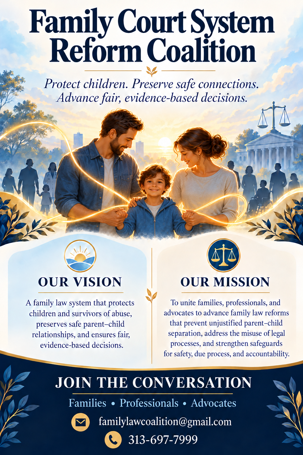 Illustration of two parents and a child at a courthouse